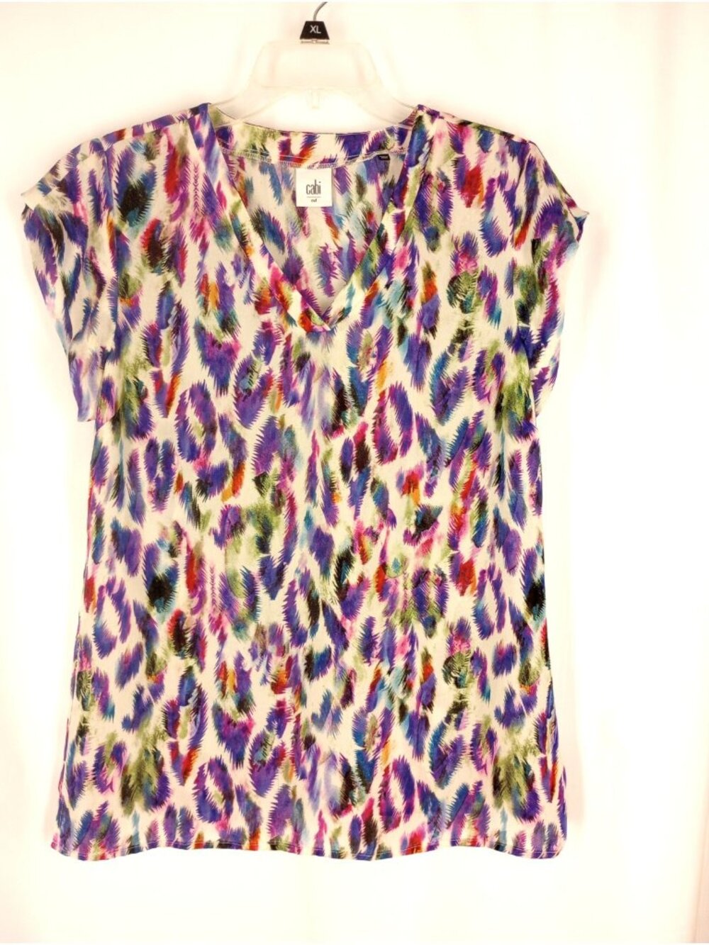 CAbi Plume Feather Blouse Top Size M Purple Multicolor Vneck Style #5027